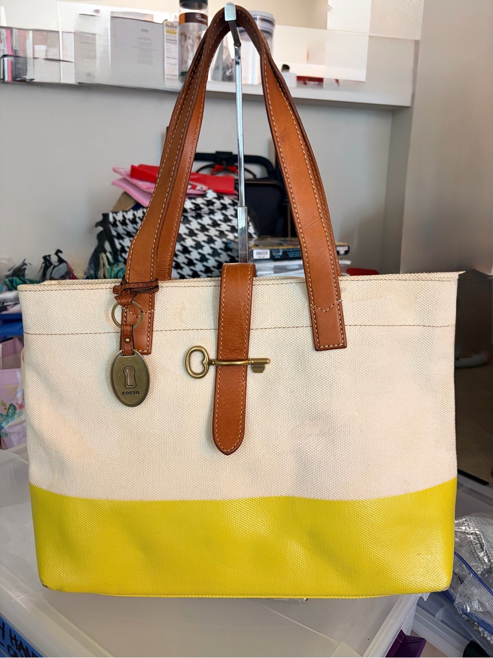 Fossil Cream and Yellow Canvas Tote with Brown Leather Trim